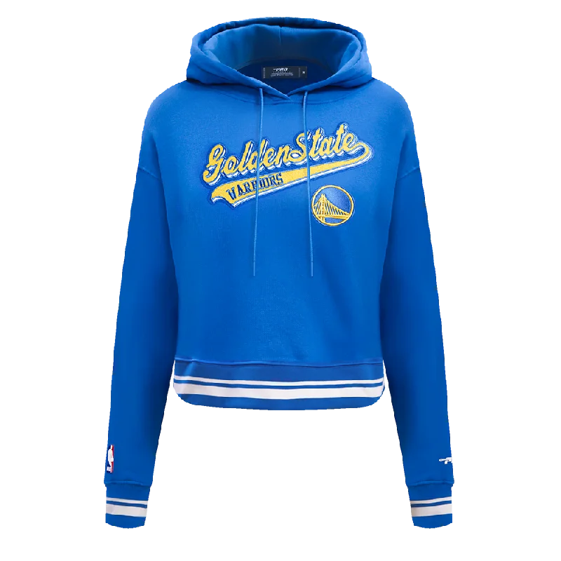 NBA GOLDEN STATE WARRIORS SCRIPT TAIL WOMEN'S RIB FLC CROPPED PO HOODIE (ROYAL BLUE)