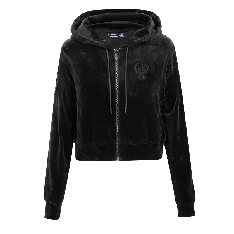 NBA MILWAUKEE BUCKS TRIPLE BLACK WOMEN'S VELOUR FZ PO HOODIE (TRIPLE BLACK)