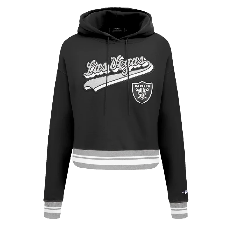 NFL LAS VEGAS RAIDERS SCRIPT TAIL WOMEN'S RIB FLC CROPPED PO HOODIE (BLACK/GRAY)