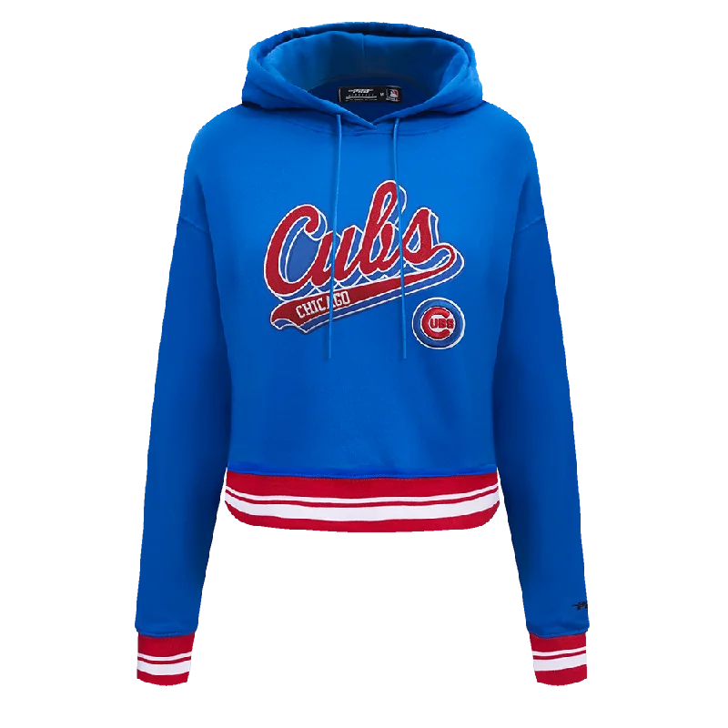 MLB CHICAGO CUBS SCRIPT TAIL WOMEN'S RIB FLC CROPPED PO HOODIE (ROYAL BLUE/RED)