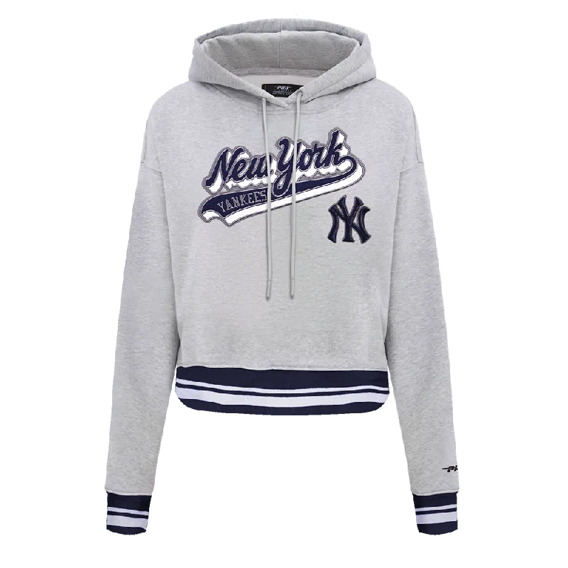 MLB NEW YORK YANKEES SCRIPT TAIL WOMEN'S RIB FLC CROPPED PO HOODIE (HEATHER GREY/MIDNIGHT NAVY)