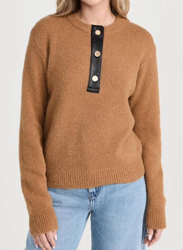 Leather Placket Henley Sweater In Camel