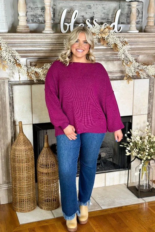 Plum Boat Neck Chunky Long Sleeve Sweater