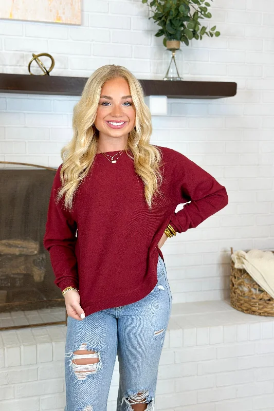 Merlot Solid Long Sleeve Sweater Top