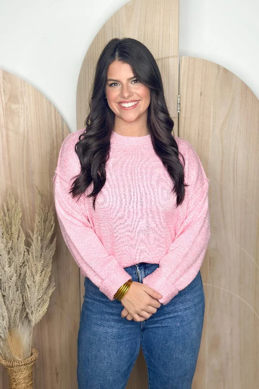 Pink Round Neck Cuff Sleeve Sweater