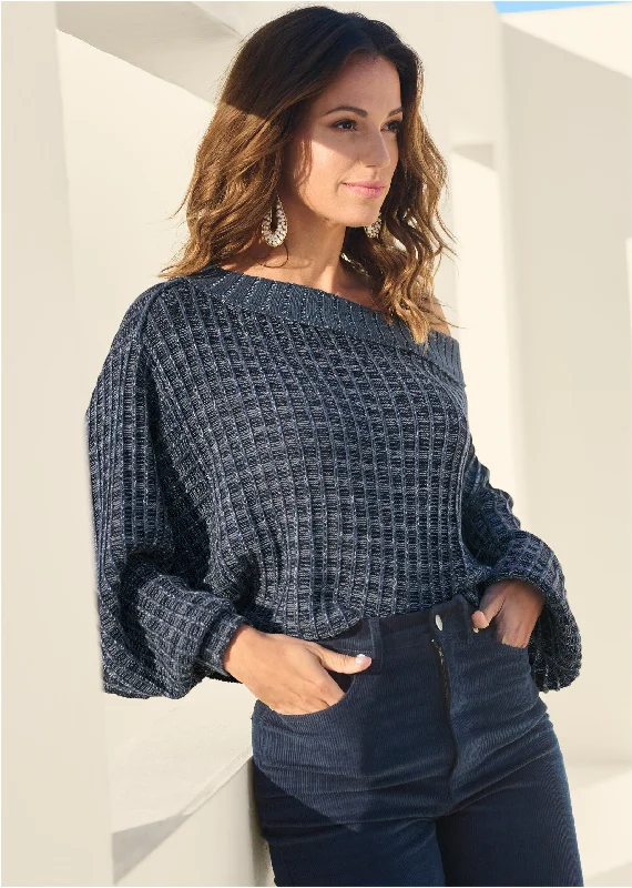 Off-The-Shoulder Sweater - Navy & White