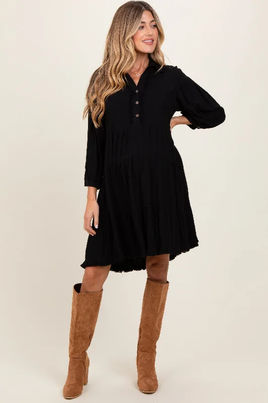 Black Linen Button Up Tiered Maternity Dress