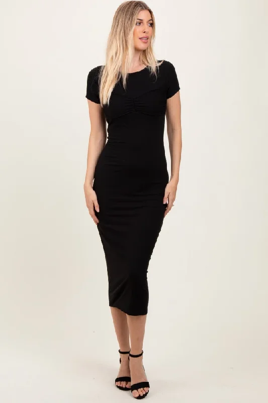 Black Ruched Bust Short Sleeve Maxi Dress