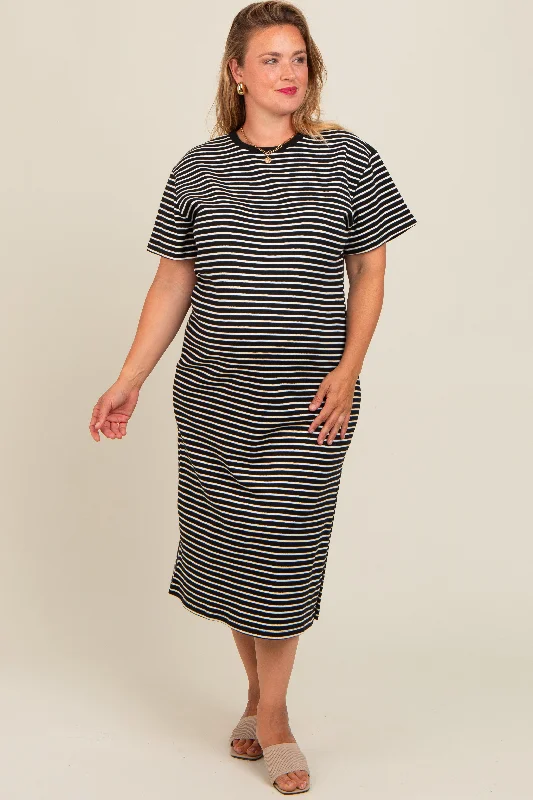 Black Striped Short Sleeve Maternity Plus T-Shirt Midi Dress