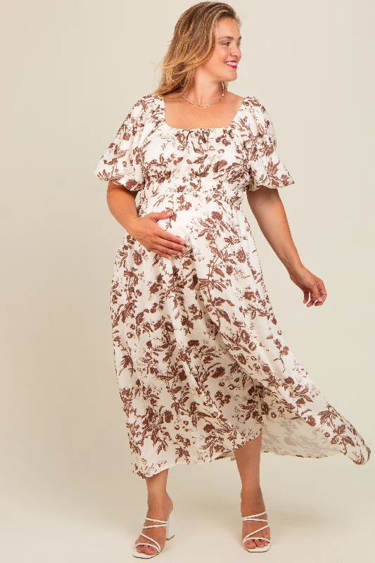 Brown Floral Puff Sleeve Maternity Plus Midi Dress