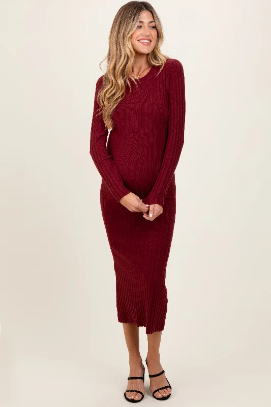 Burgundy Ribbed Knit Fitted Maternity Midi Sweater Dress