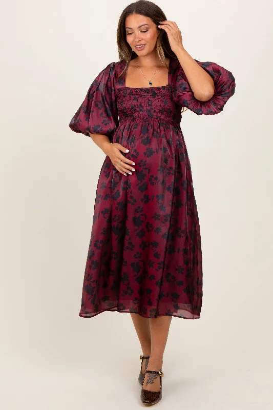 Burgundy Satin Floral Smocked Maternity Midi Dress