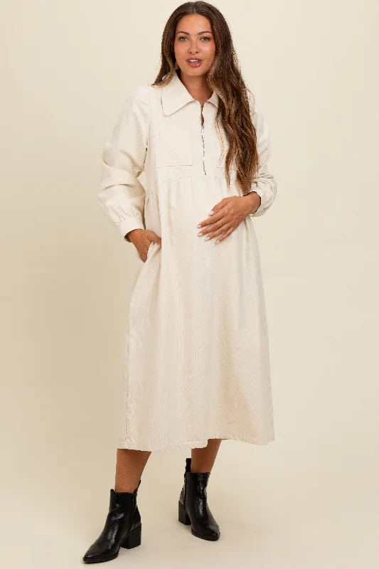 Cream Half Zip Front Pocket Collared Maternity Midi Dress