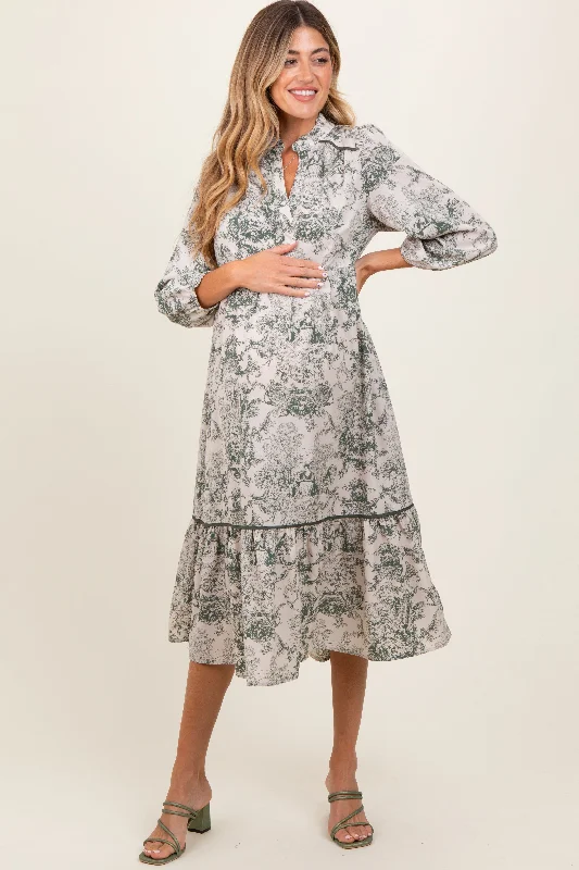 Forest Green Printed Split Ruffle Collar Maternity Midi Dress