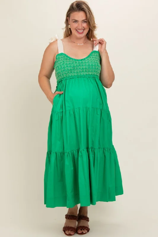 Green Ribbon Strap Tiered Plus Maternity Maxi Dress