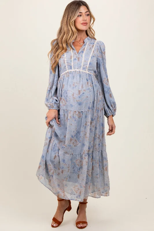 Light Blue Floral Lace Trim Maternity Maxi Dress