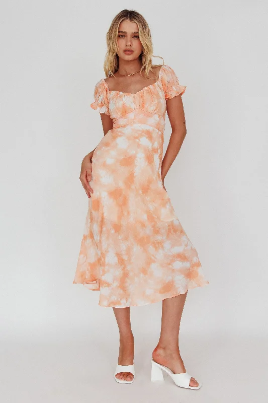 Linka Puff Sleeve Midi Dress Tie-Dye Orange