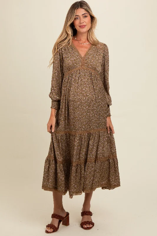 Mocha Floral Lace Trim Bubble Sleeve Maternity Maxi Dress