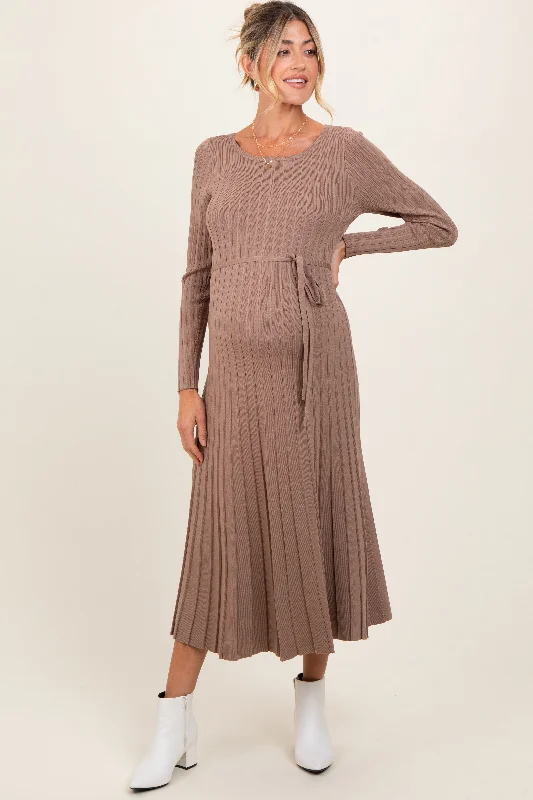 Mocha Pleated Waist Tie Maternity Midi Sweater Dress