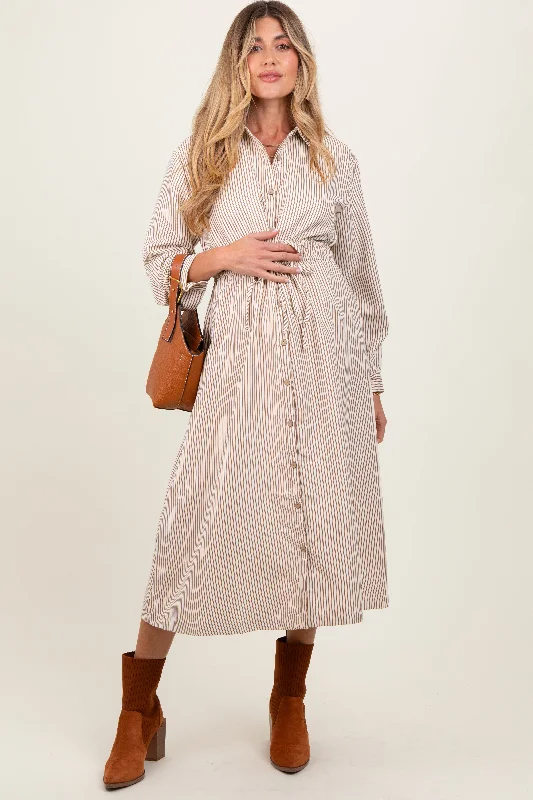 Mocha Striped Sash Tie Maternity Midi Shirt Dress