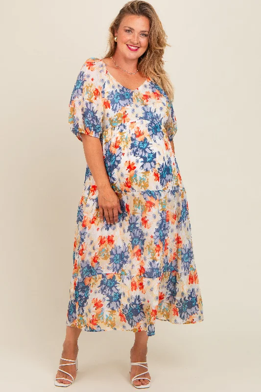 Navy Blue Floral V-Neck Short Puff Sleeve Tiered Maternity Plus Midi Dress