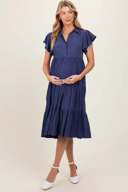 Navy Blue Ruffle Sleeve V-Neck Tiered Maternity Midi Dress