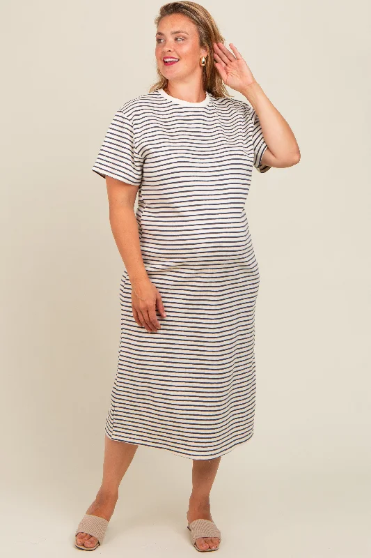 Navy Striped Short Sleeve Maternity Plus T-Shirt Midi Dress