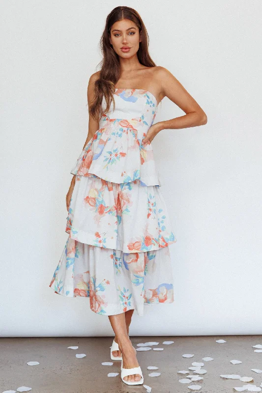 Outshine Strapless Tiered Midi Dress Floral Peach