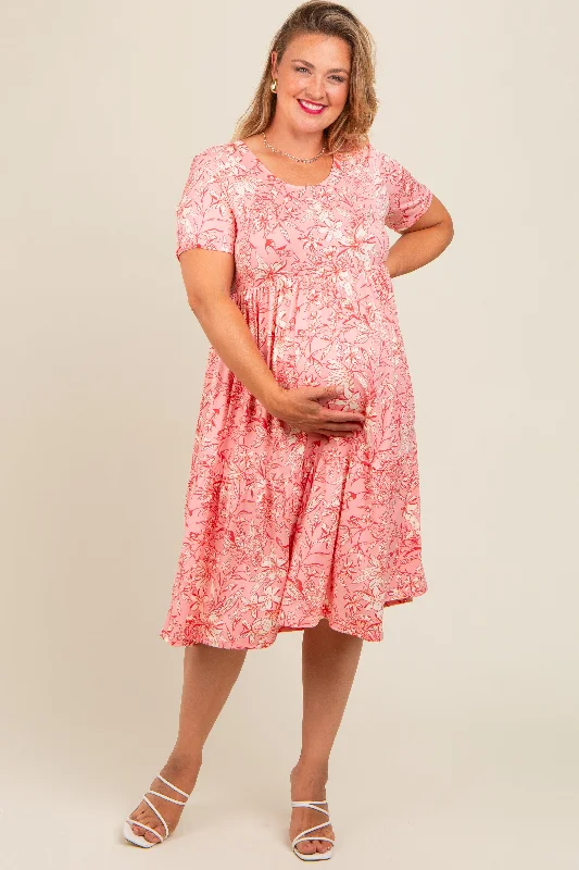 Pink Floral Tiered Plus Maternity Midi Dress