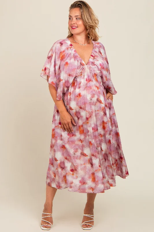 Pink Satin V-Neck Short Flutter Sleeve Maternity Plus Midi Dress