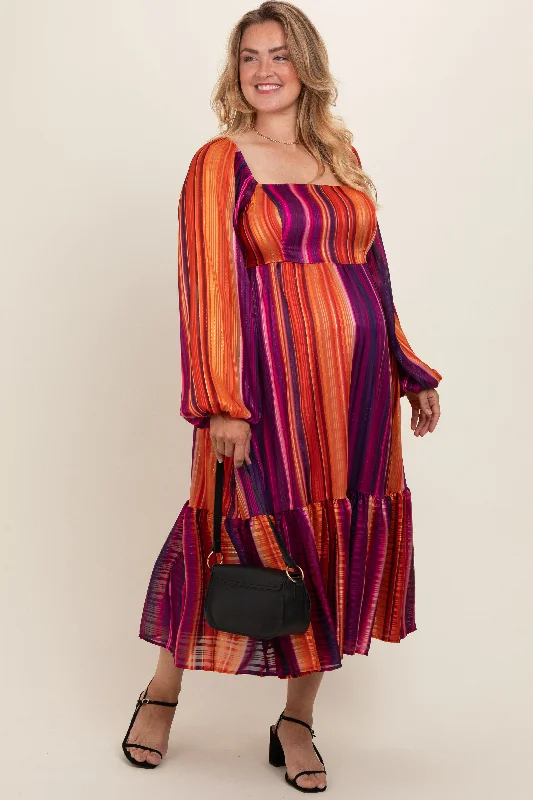 Plum Striped Metallic Yarn Maternity Plus Midi Dress