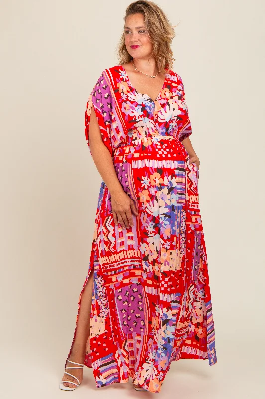 Red Mixed Print Bell Sleeve Plus Maternity Maxi Dress