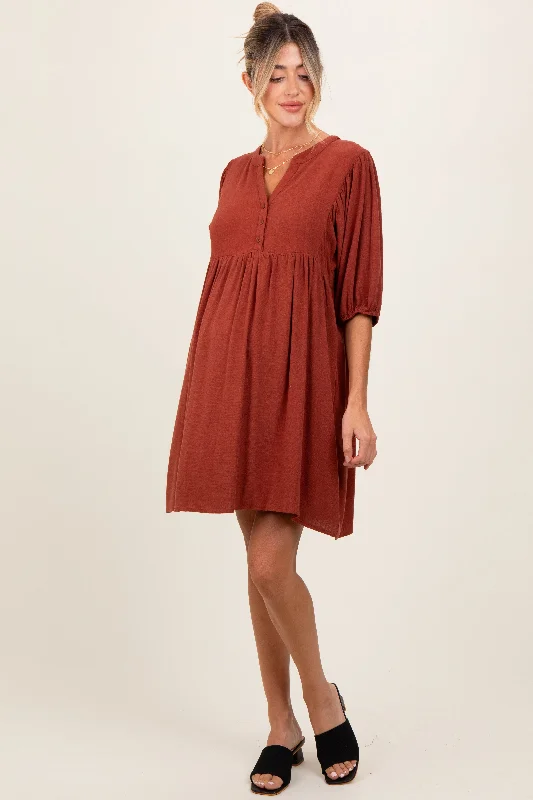 Rust Button Up Split Neck Maternity Dress