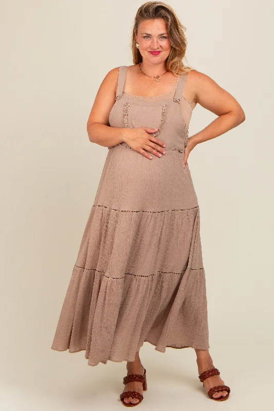 Taupe Front Pocket Tiered Overall Maternity Plus Midi Dress