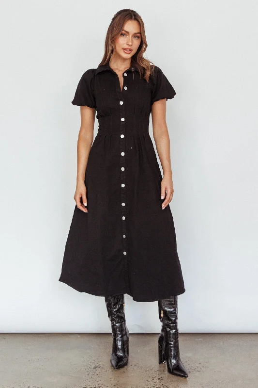 Zurich Pleated Waist Midi Dress Black